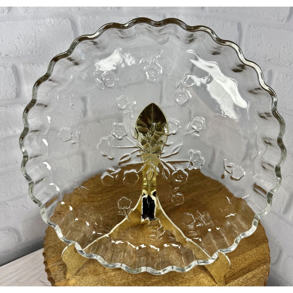 Anchor Hocking Savannah Quiche Pie Dish Floral Bottom Scalloped Clear VTG